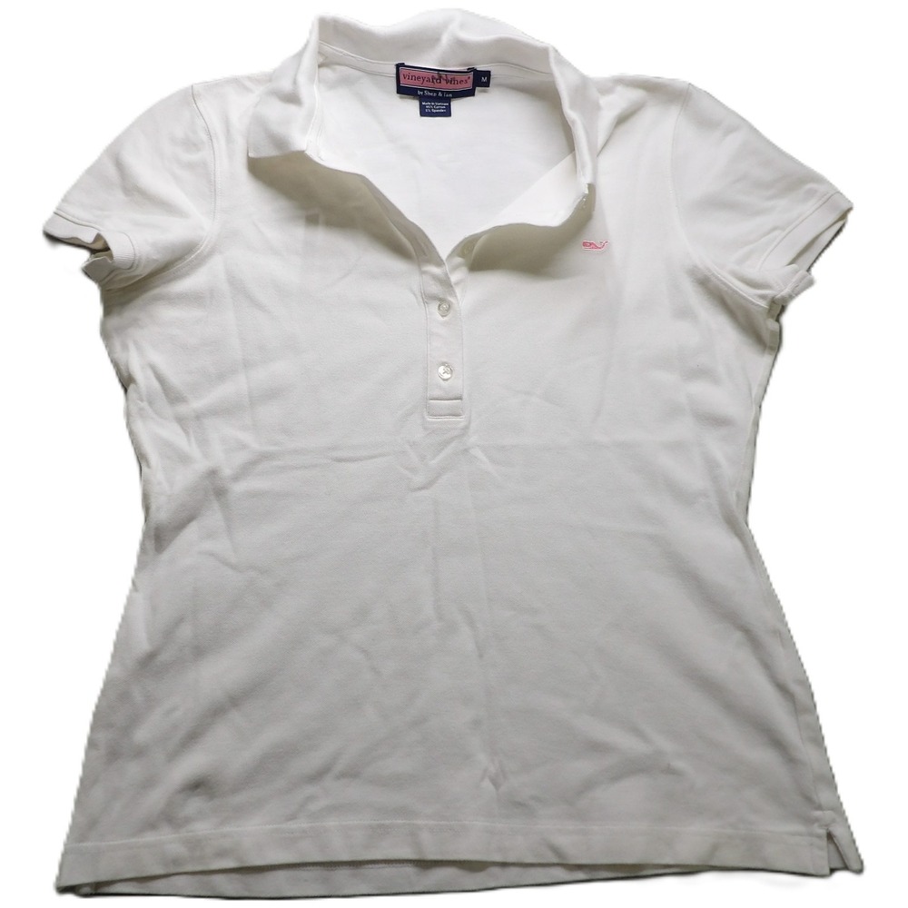 Vineyard Vines Women M White Polo Shirt Pink Whale Logo Cotton Short Sleeve Top